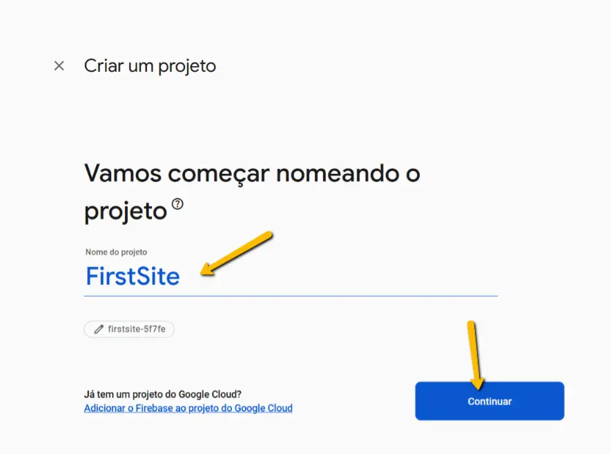Firebase-definindo nome do projeto