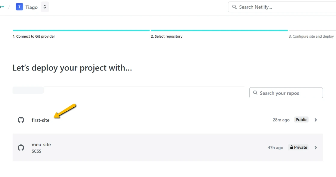 Netlify - selecionando repositório Github