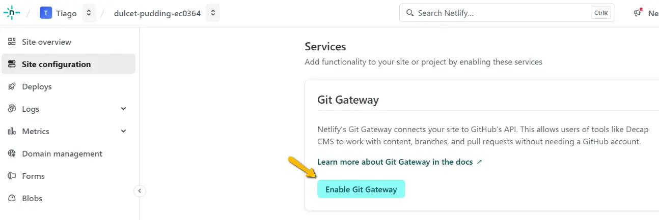 Netlify - habilita gateway git