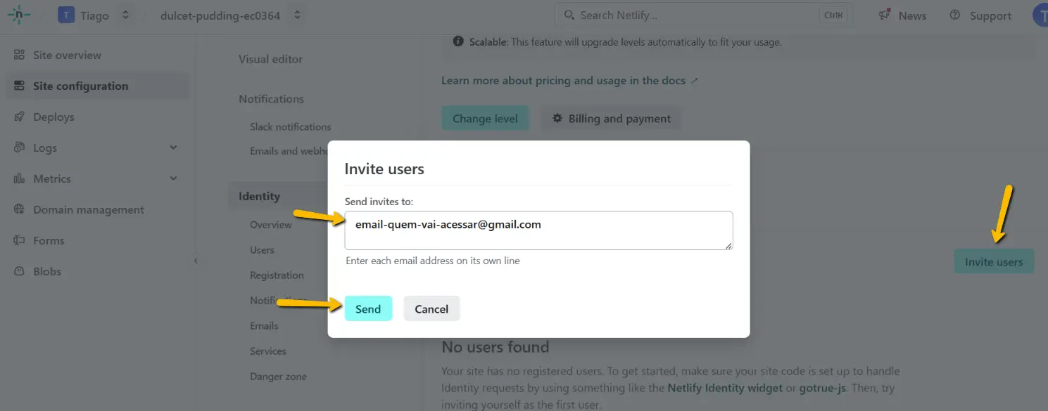 Netlify - enviando convite de acesso